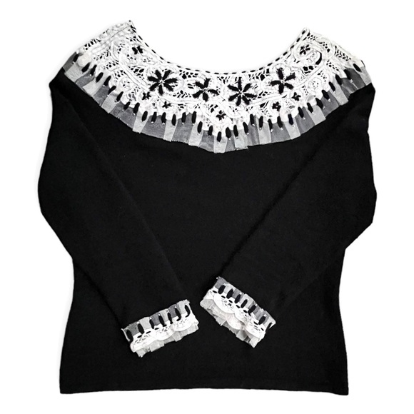 Anthropologie Sleeping on Snow Black Lambswool w/Cream Lace Detail Sweater, sz M - Picture 3 of 9